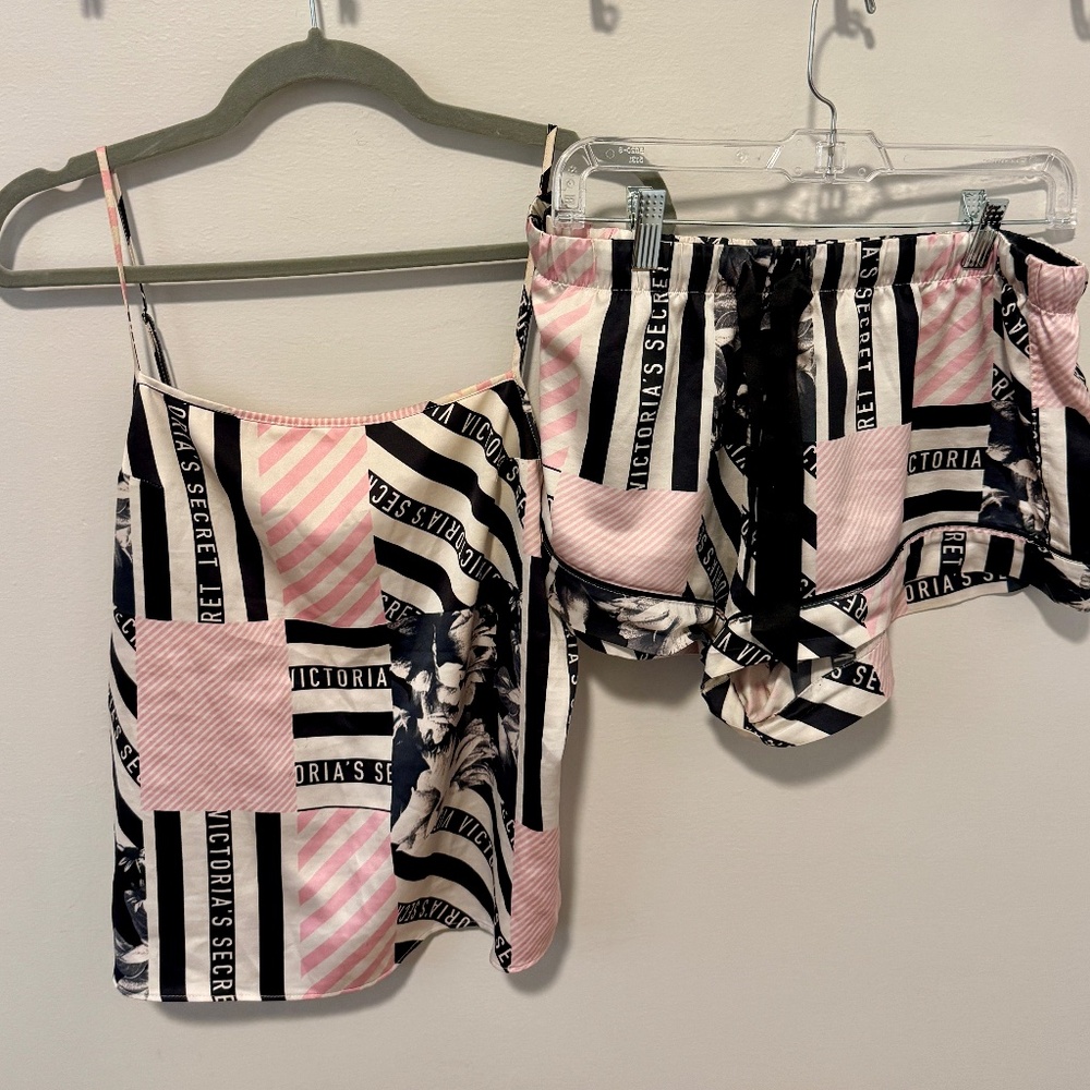 Victoria's Secret Satin Striped/Floral Pajama Set Cami and Shorts Size Medium
